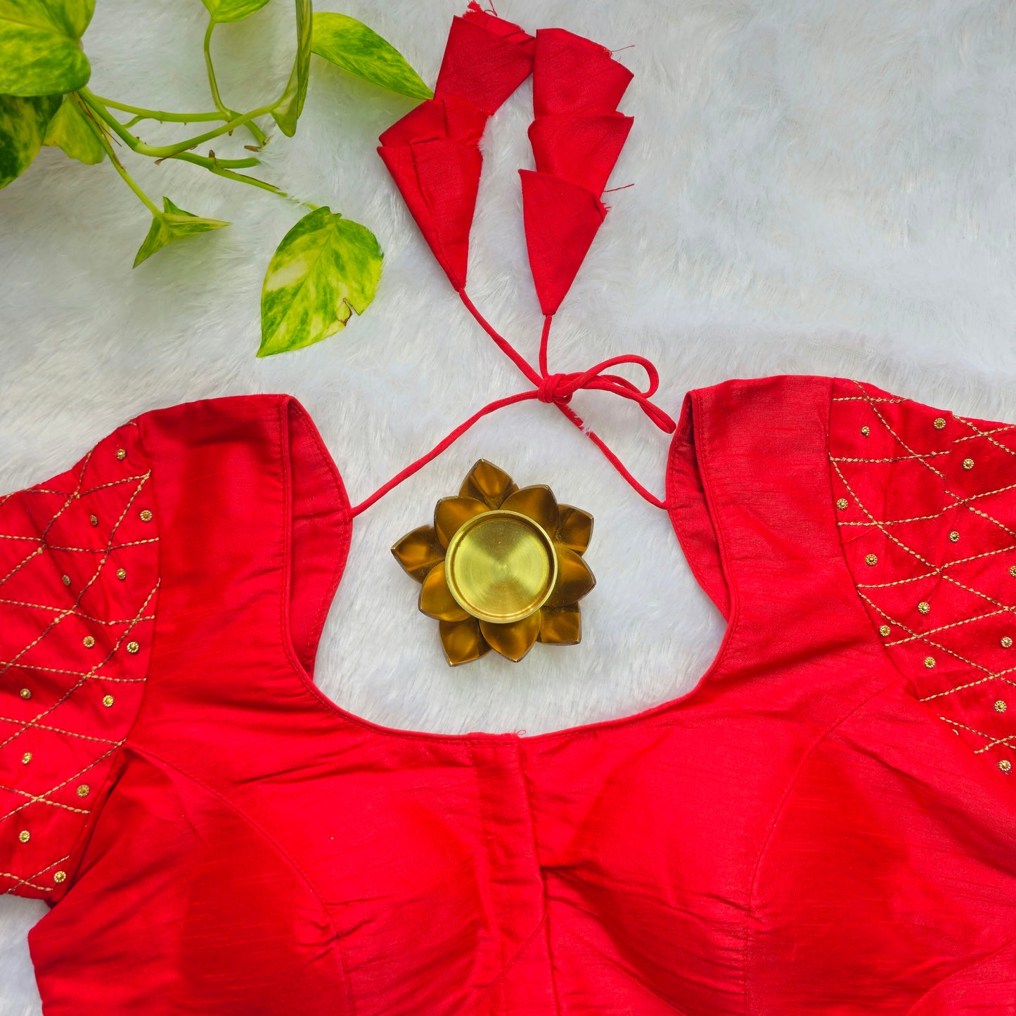 Red Raw Silk Simple Embroidery Blouse