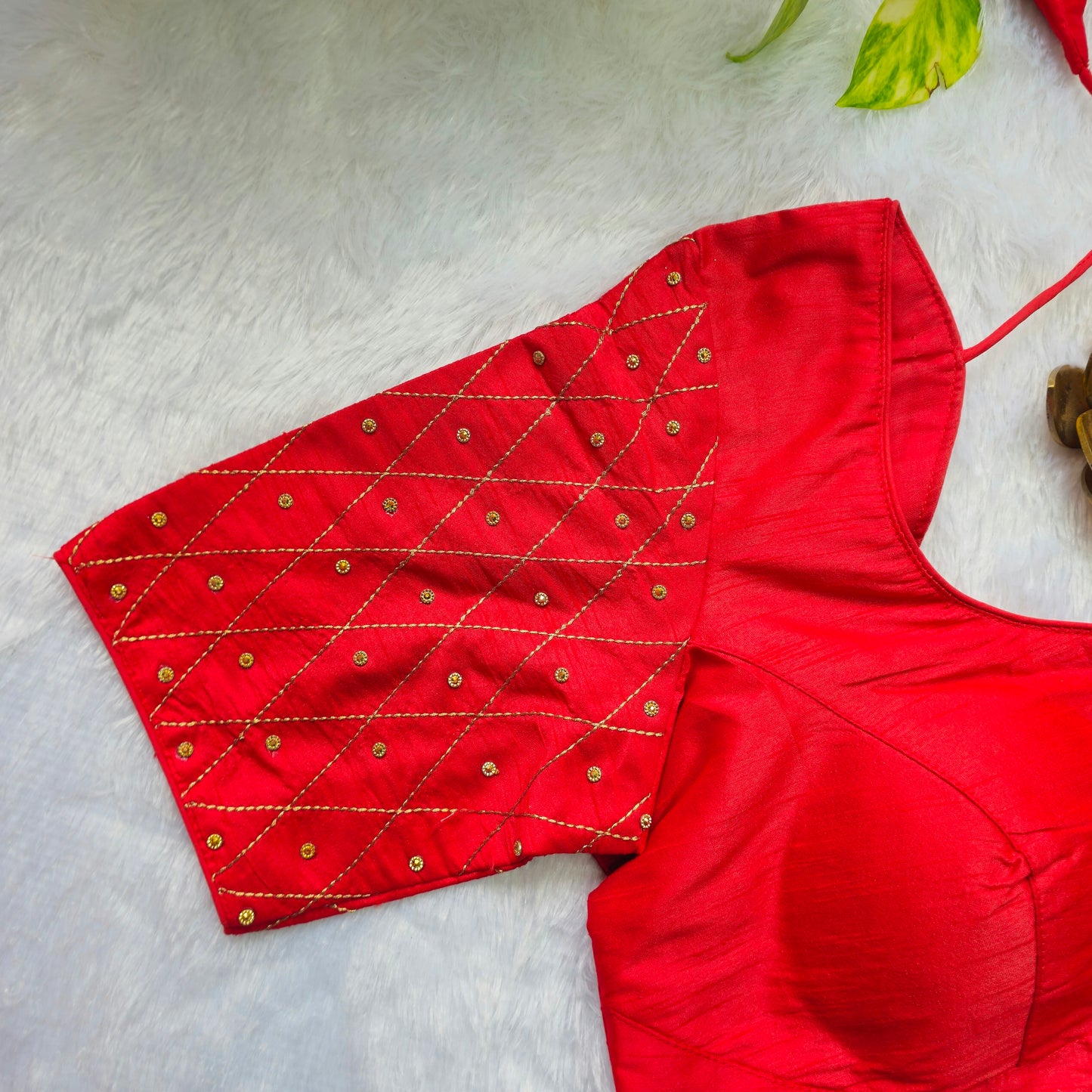 Red Raw Silk Simple Embroidery Blouse