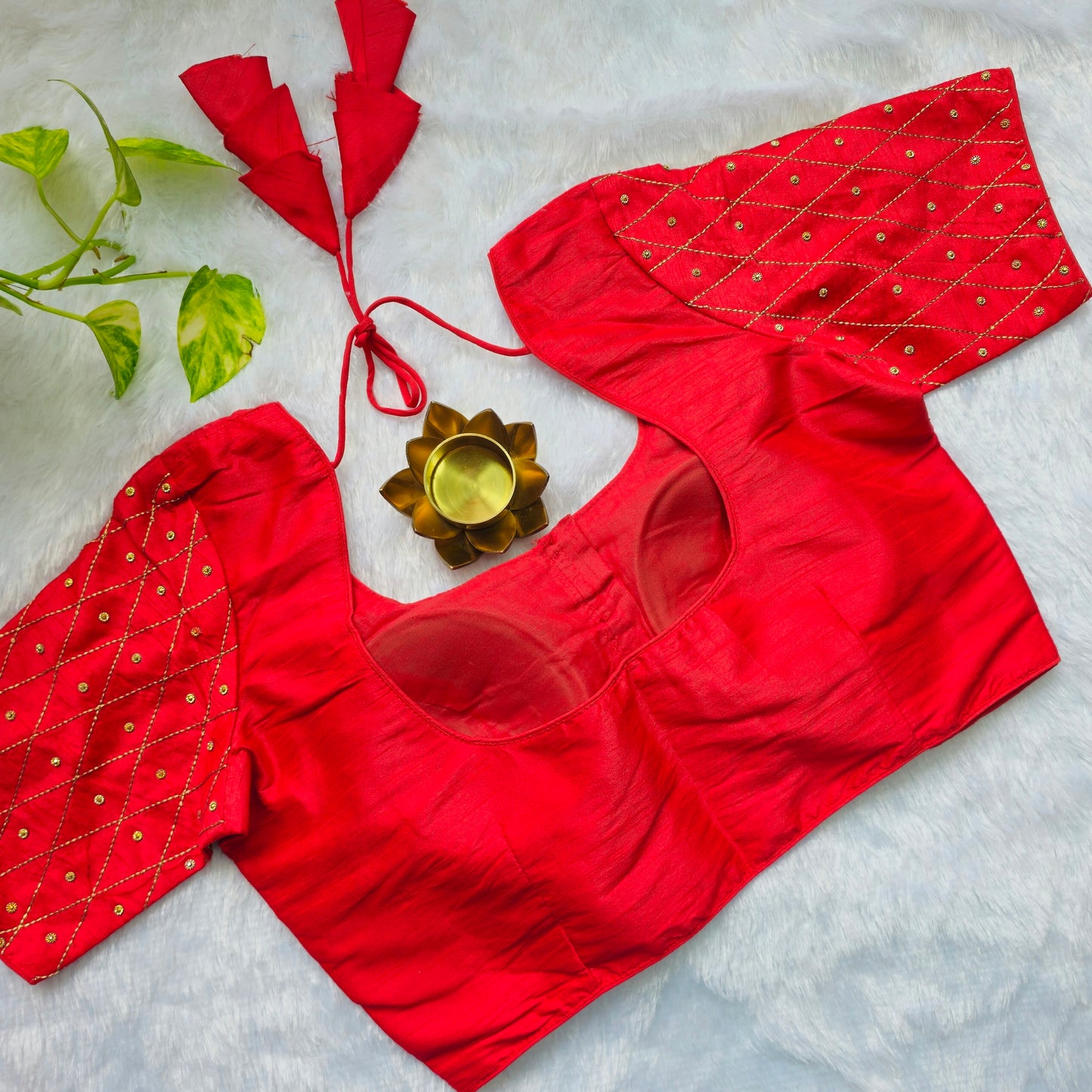 Red Raw Silk Simple Embroidery Blouse