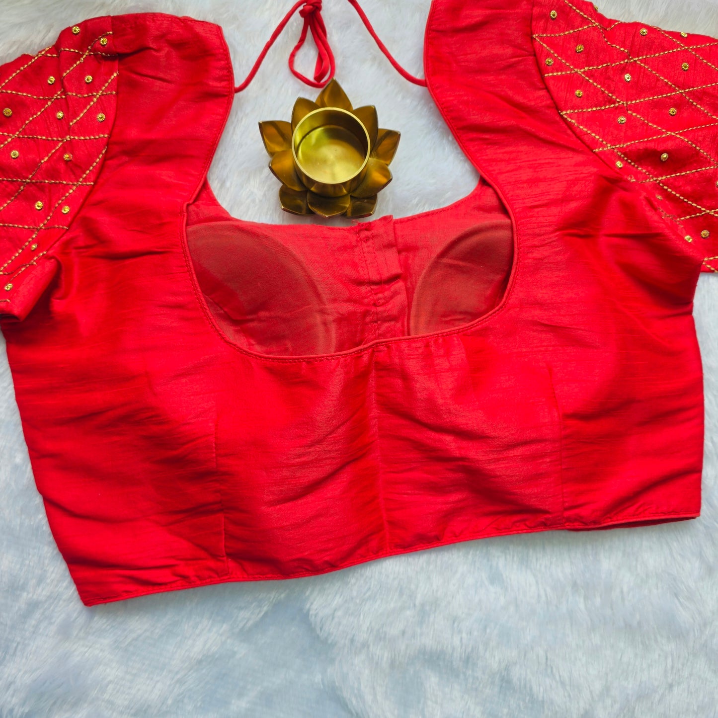 Red Raw Silk Simple Embroidery Blouse