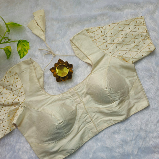 Off White Raw Silk Simple Embroidery Blouse