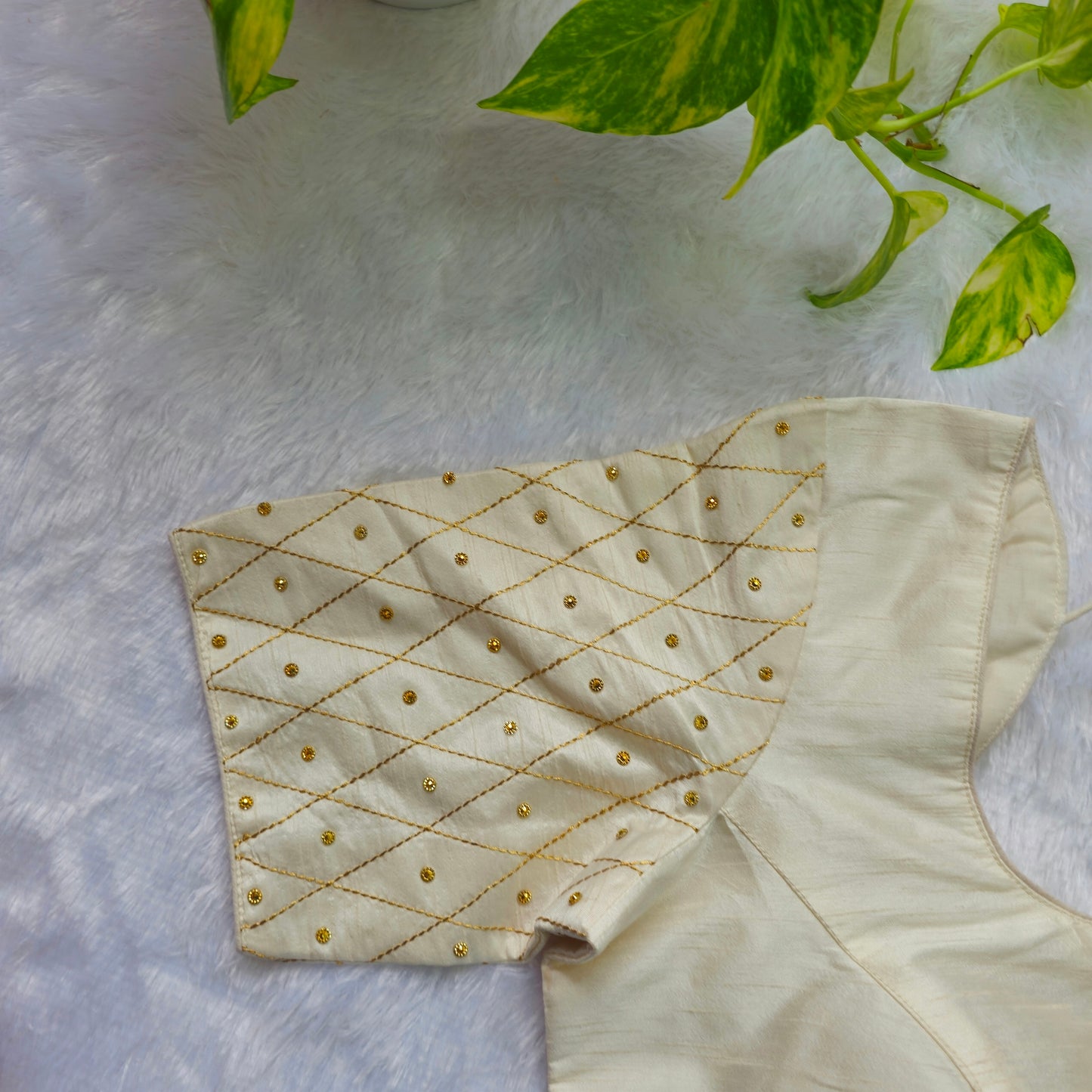 Off White Raw Silk Simple Embroidery Blouse