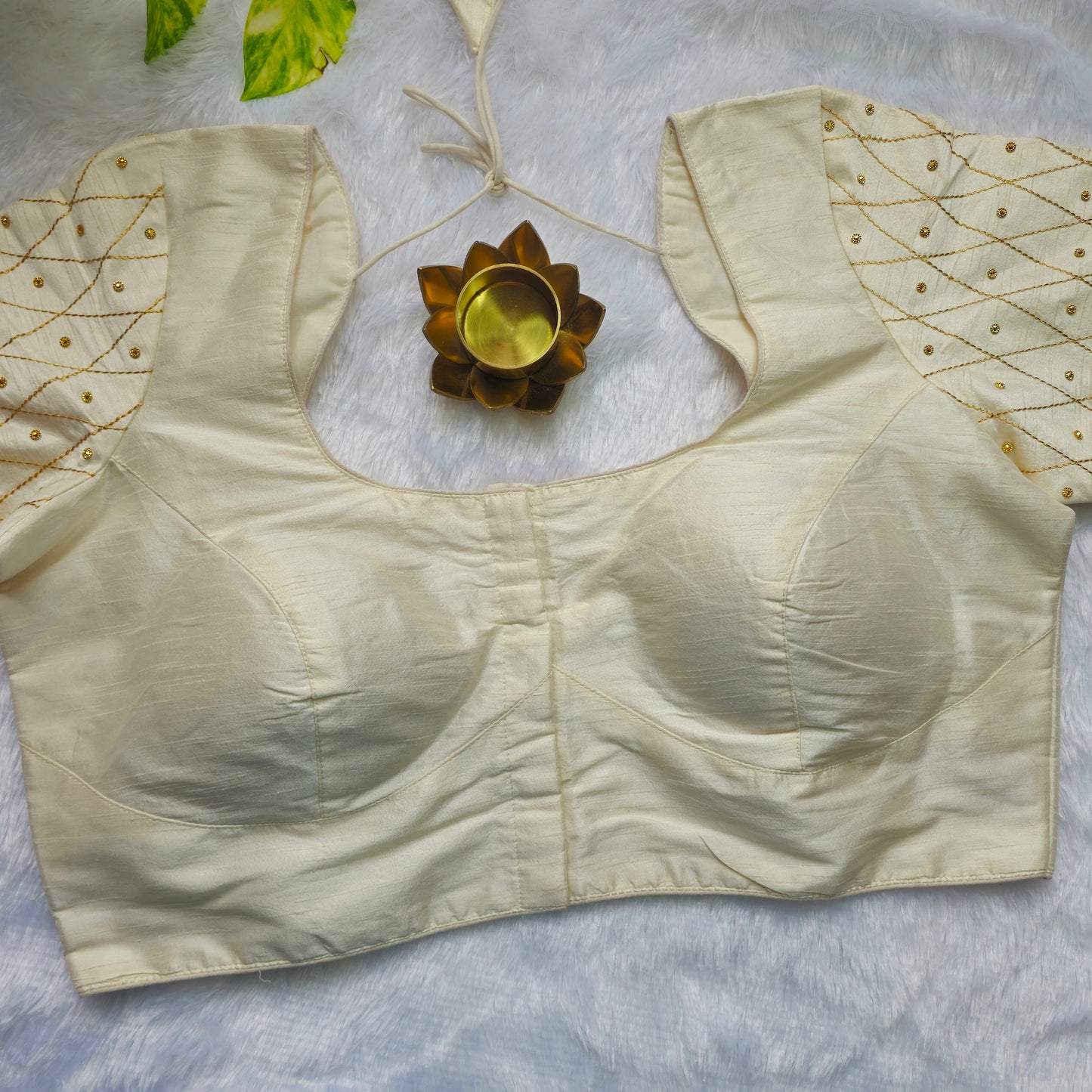 Off White Raw Silk Simple Embroidery Blouse