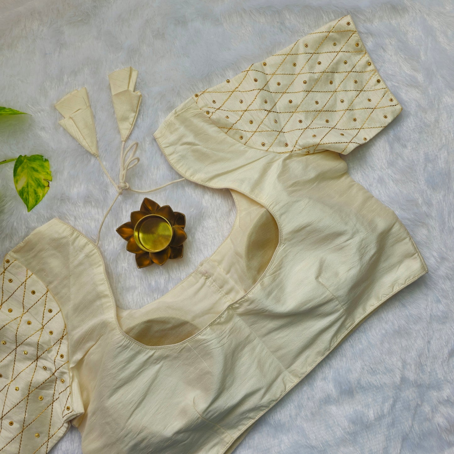 Off White Raw Silk Simple Embroidery Blouse