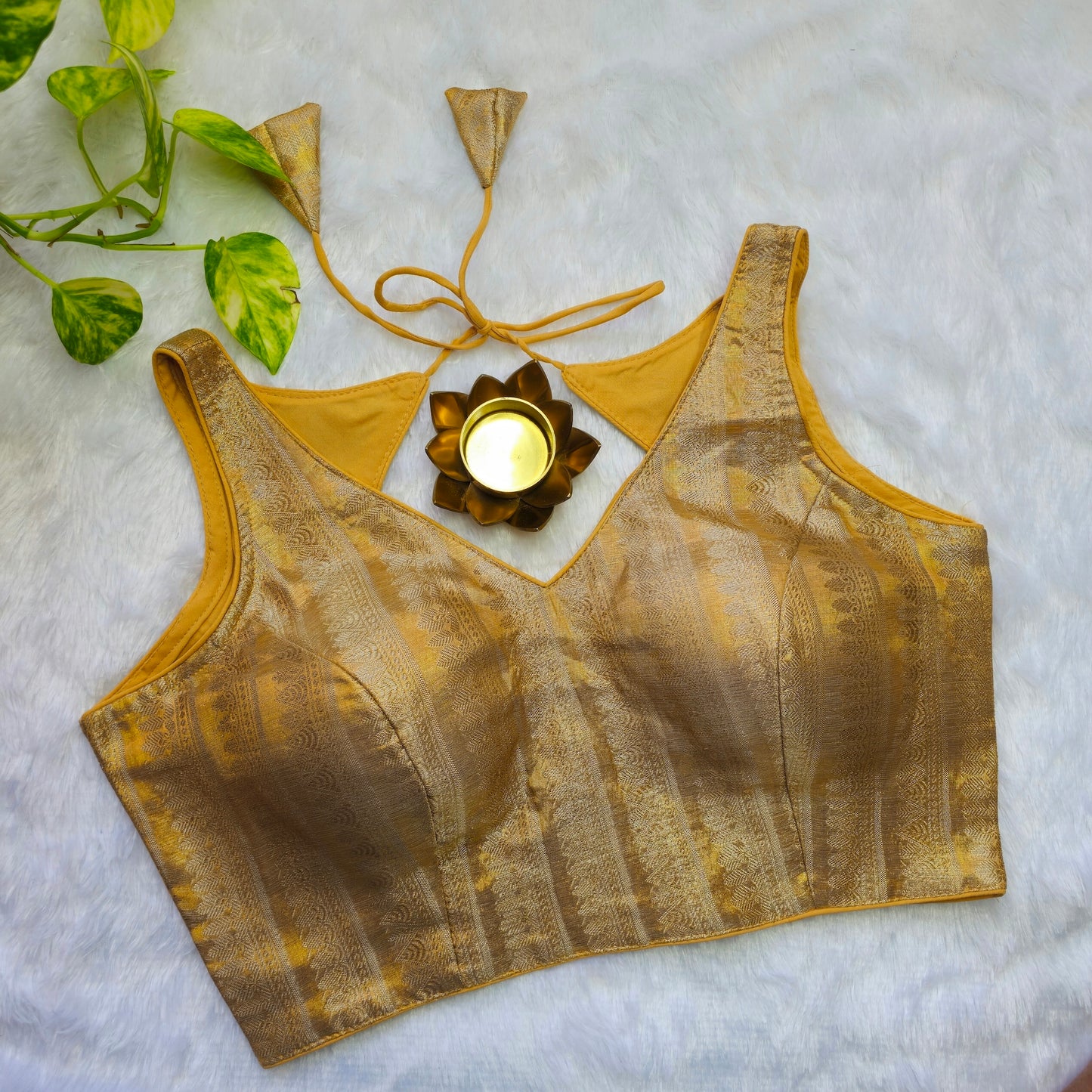 Yellowish Gold Tissue Sleeveless Blouse(Attachable Sleeves)