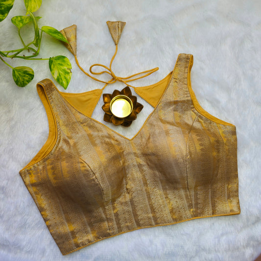 Yellowish Gold Tissue Sleeveless Blouse(Attachable Sleeves)