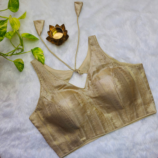 Beige Gold Tissue Sleeveless Blouse(Attachable Sleeves)