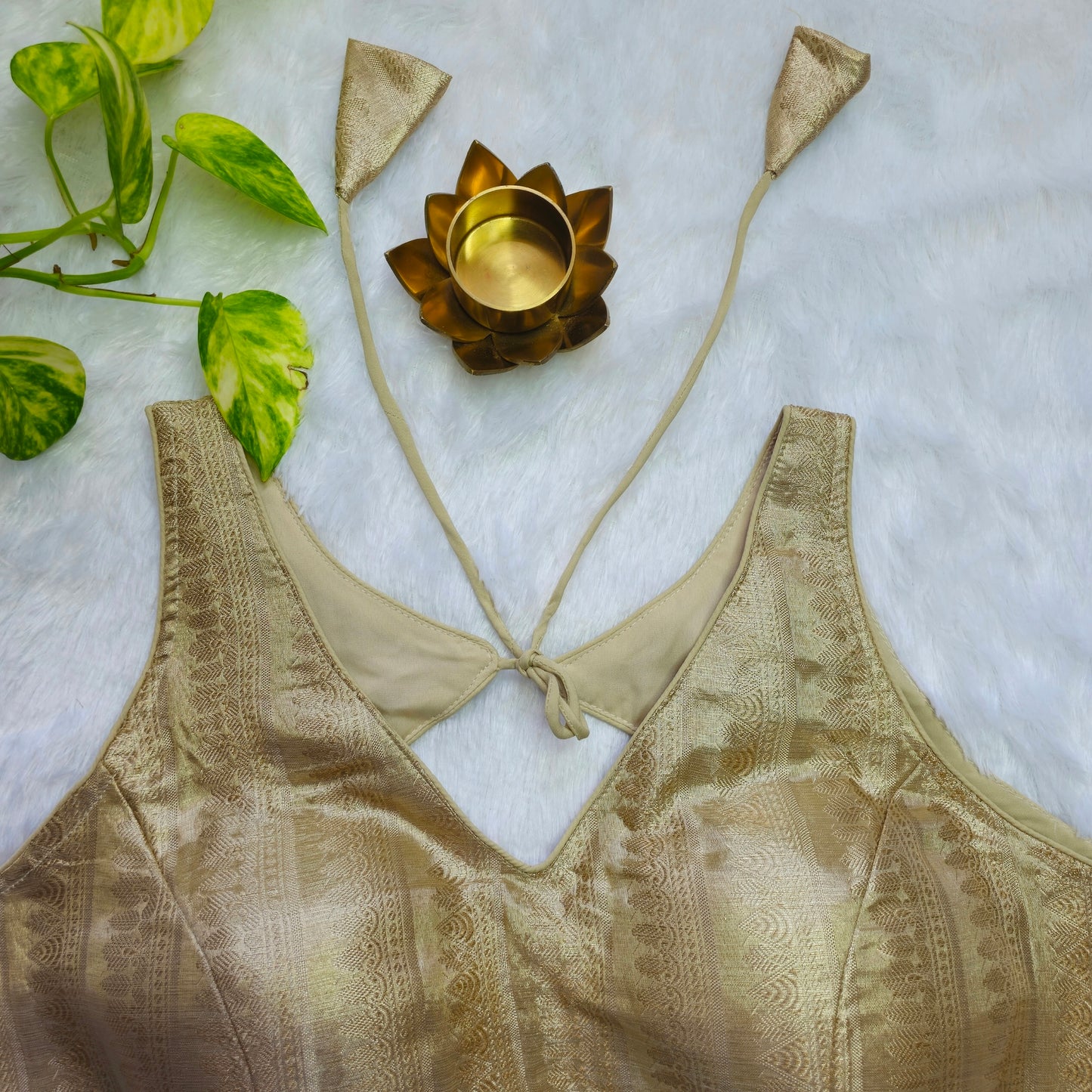Beige Gold Tissue Sleeveless Blouse(Attachable Sleeves)