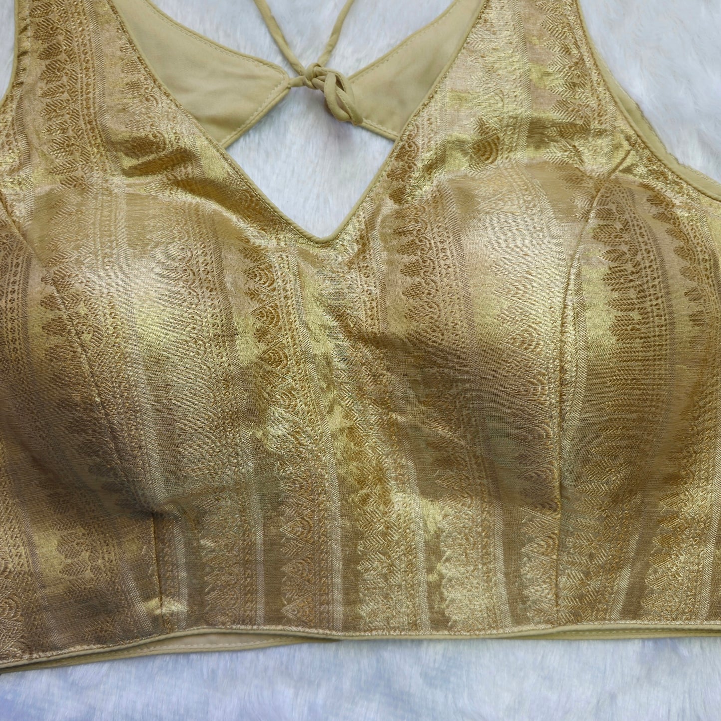 Beige Gold Tissue Sleeveless Blouse(Attachable Sleeves)