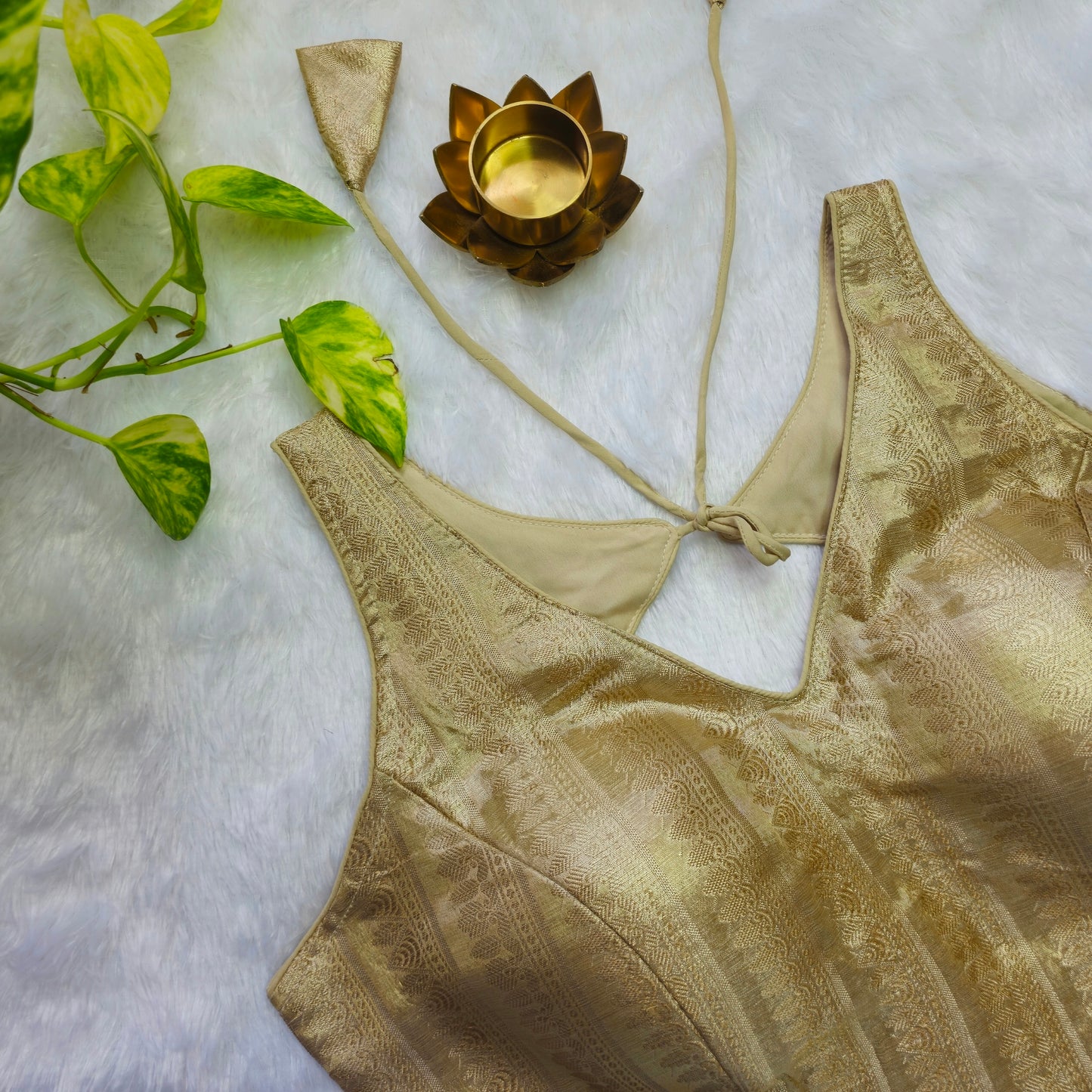Beige Gold Tissue Sleeveless Blouse(Attachable Sleeves)