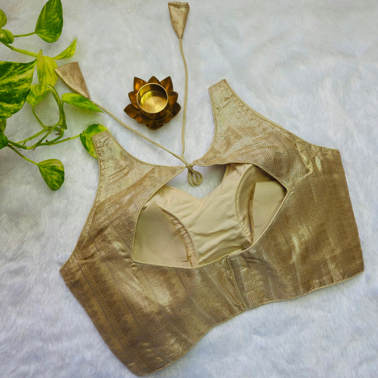Beige Gold Tissue Sleeveless Blouse(Attachable Sleeves)