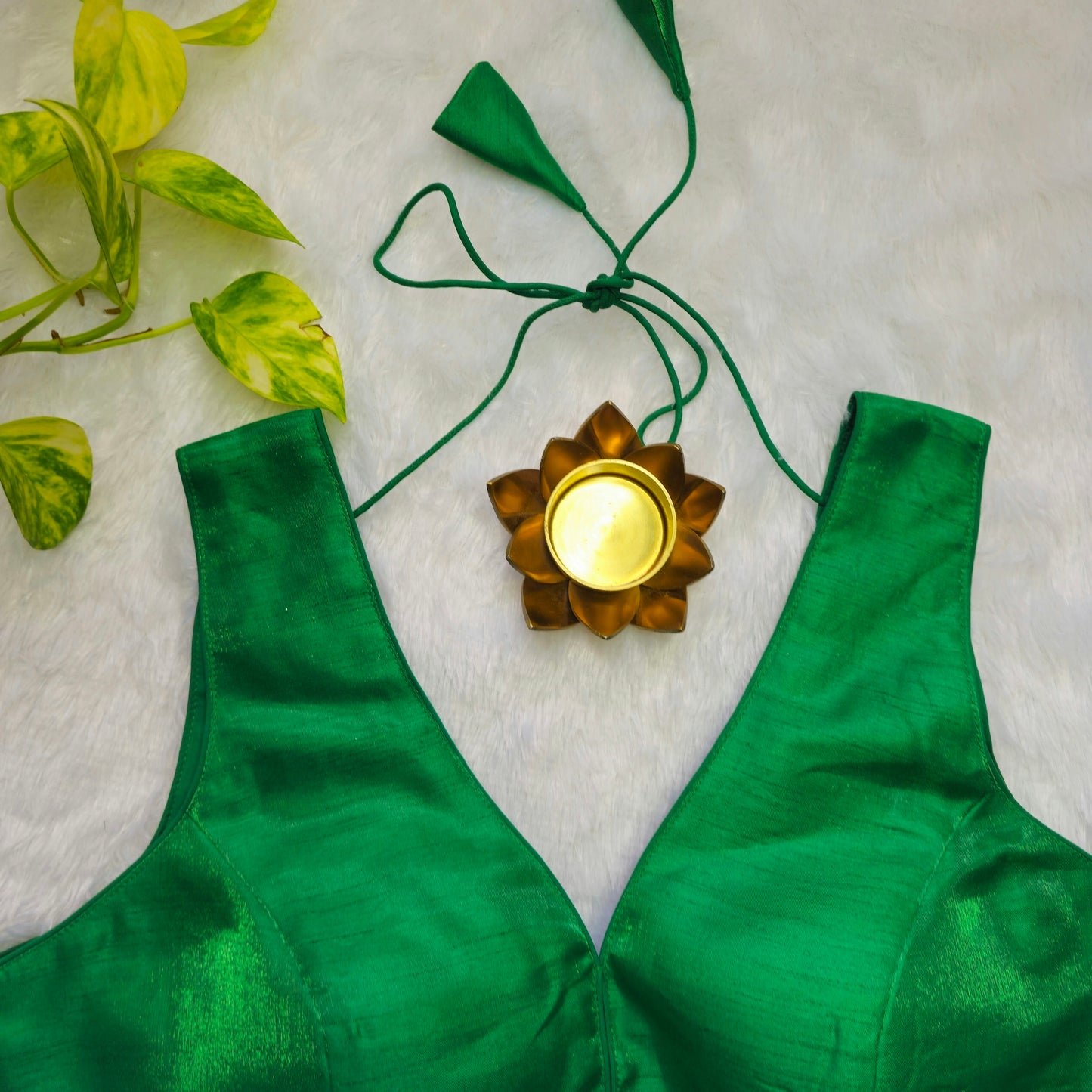 Green Artificial Silk Sleeveless Blouse(Attachable Sleeves)