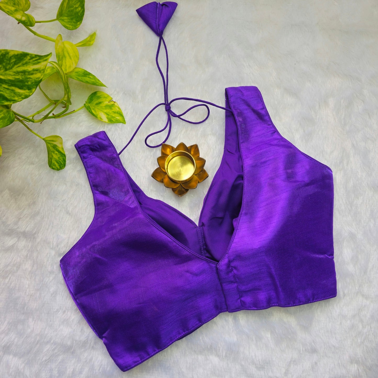 Purple Artificial Silk Sleeveless Blouse(Attachable Sleeves)