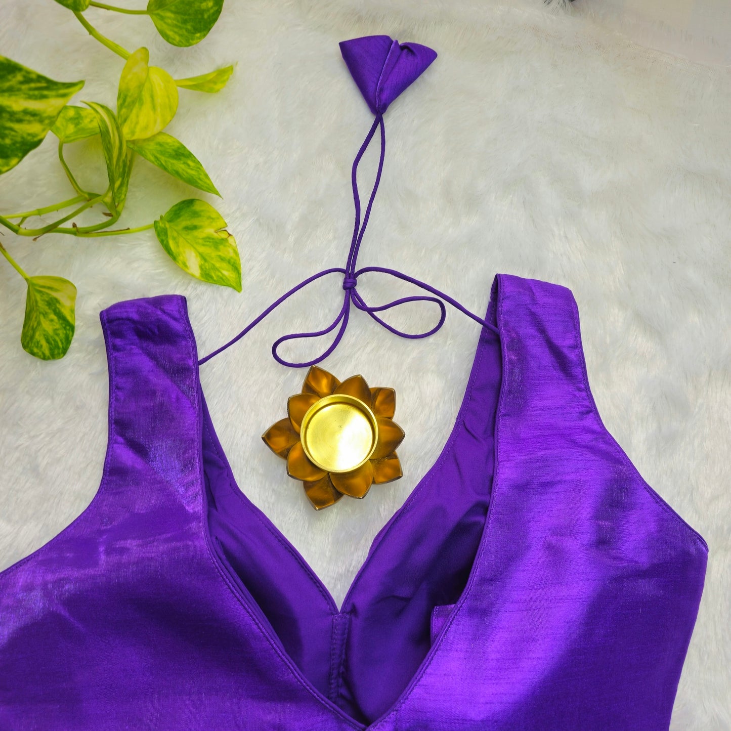 Purple Artificial Silk Sleeveless Blouse(Attachable Sleeves)