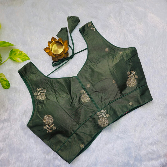 Green Gold embroidery Blouse(Attachable Sleeves)