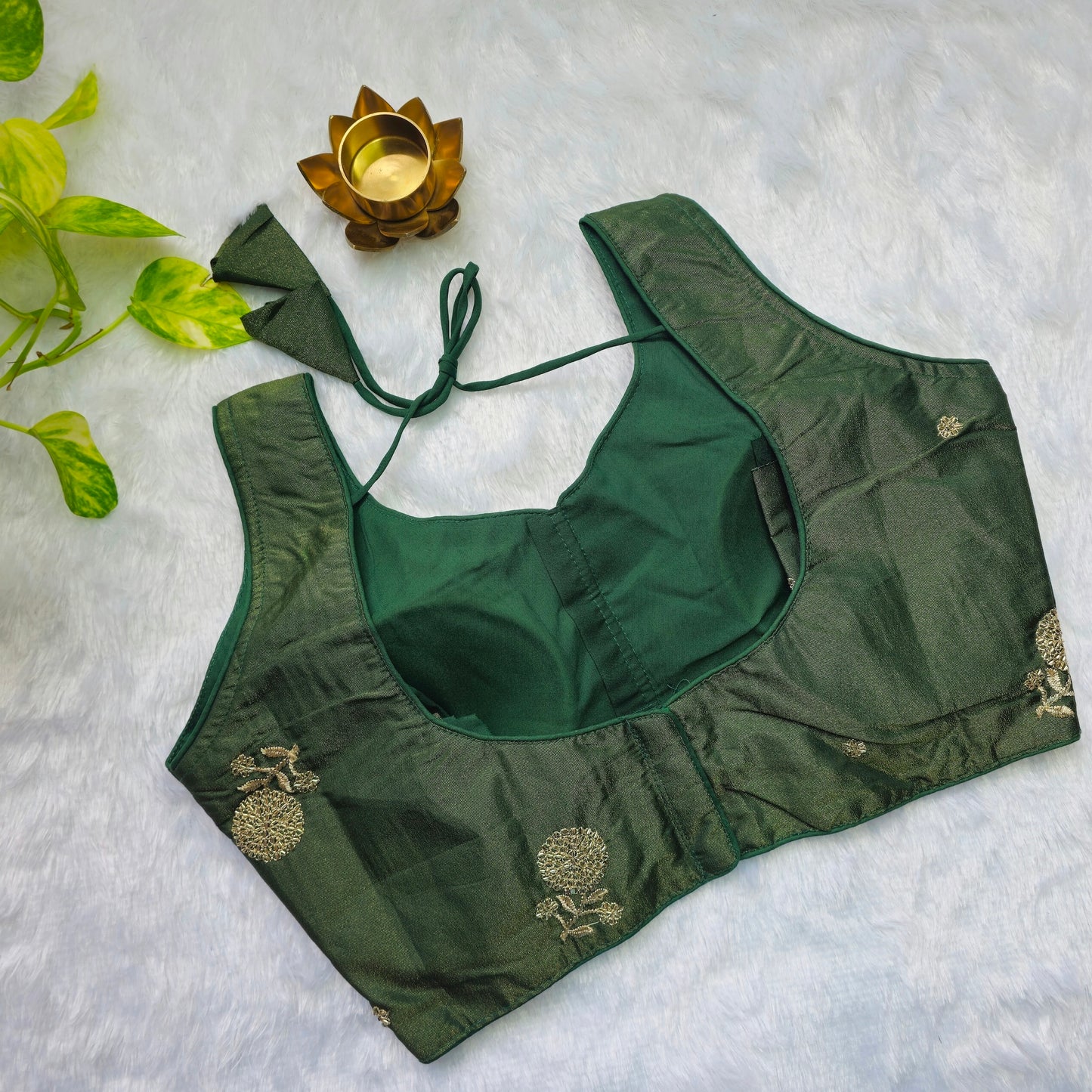 Green Gold embroidery Blouse(Attachable Sleeves)