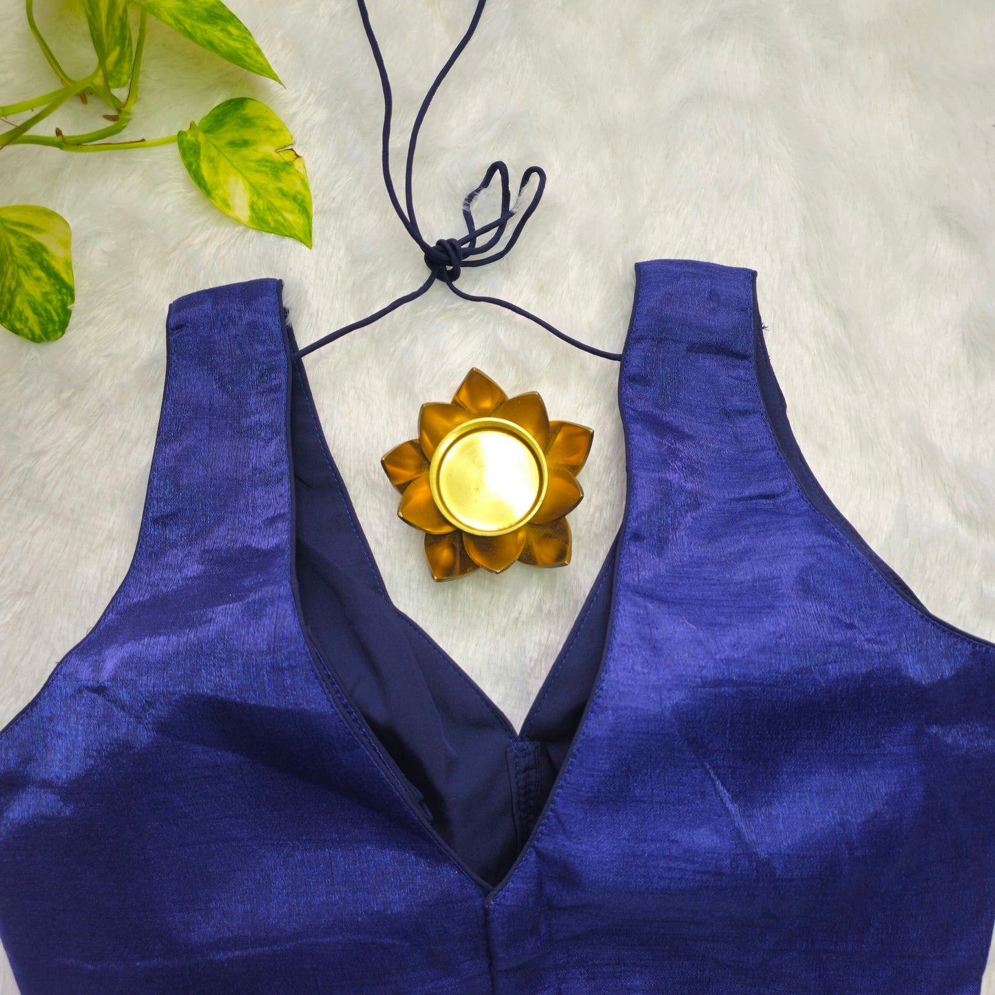 Navy Blue Artificial Silk Sleeveless Blouse(Attachable Sleeves)