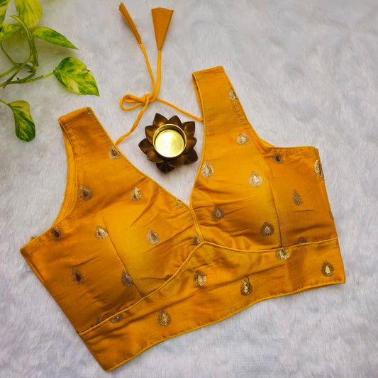 Yellowish Gold Tissue Sleeveless Blouse(Attachable Sleeves)