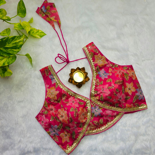 Pink Floral Organza Sabyasachi Blouse(Attachable Sleeves)