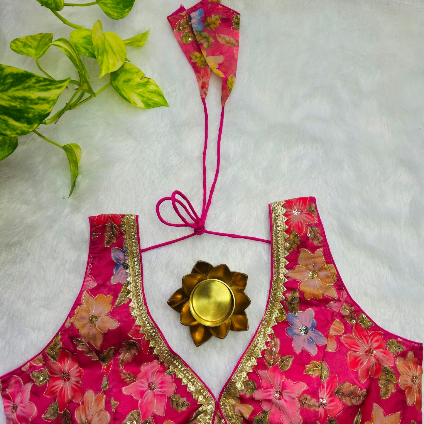 Pink Floral Organza Sabyasachi Blouse(Attachable Sleeves)