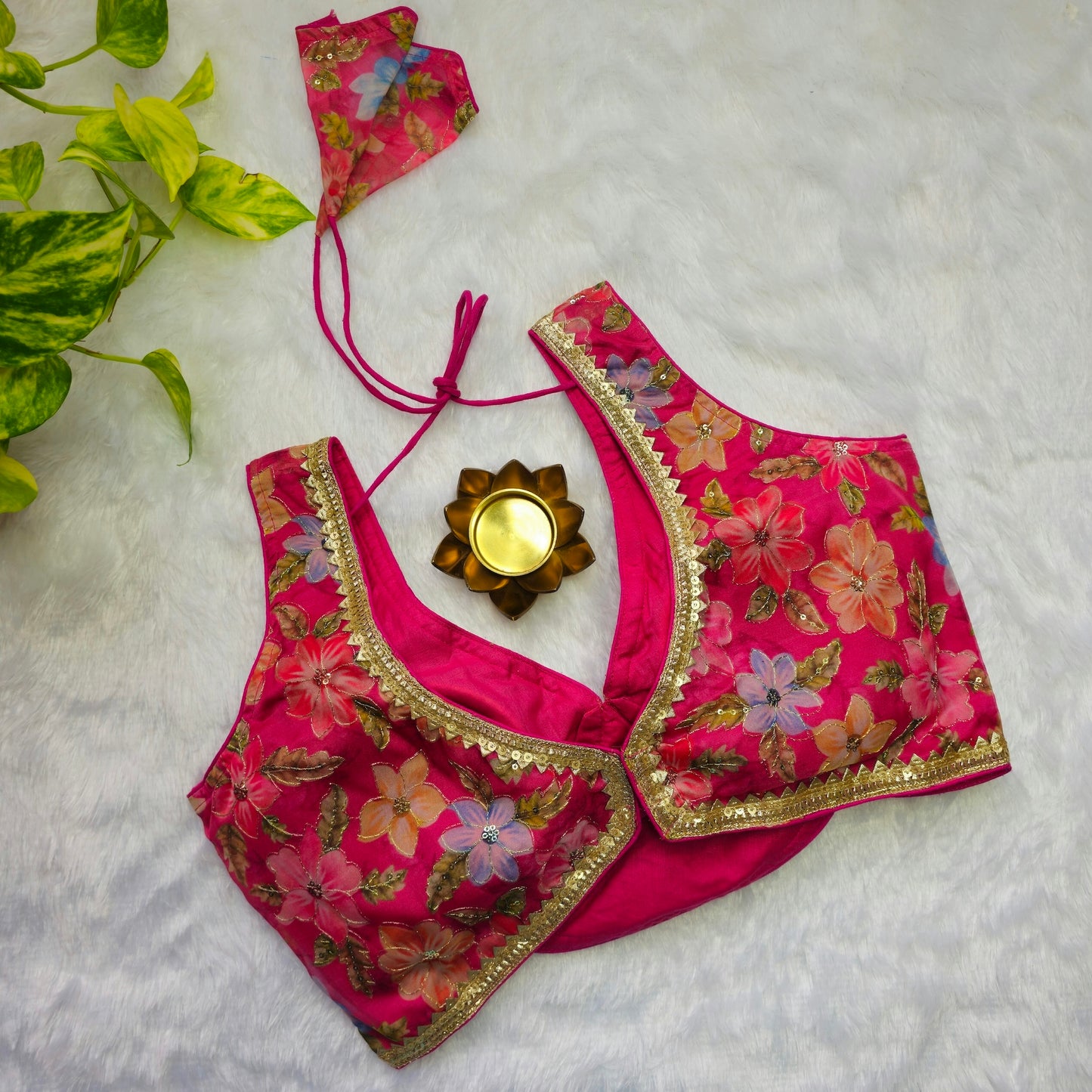 Pink Floral Organza Sabyasachi Blouse(Attachable Sleeves)