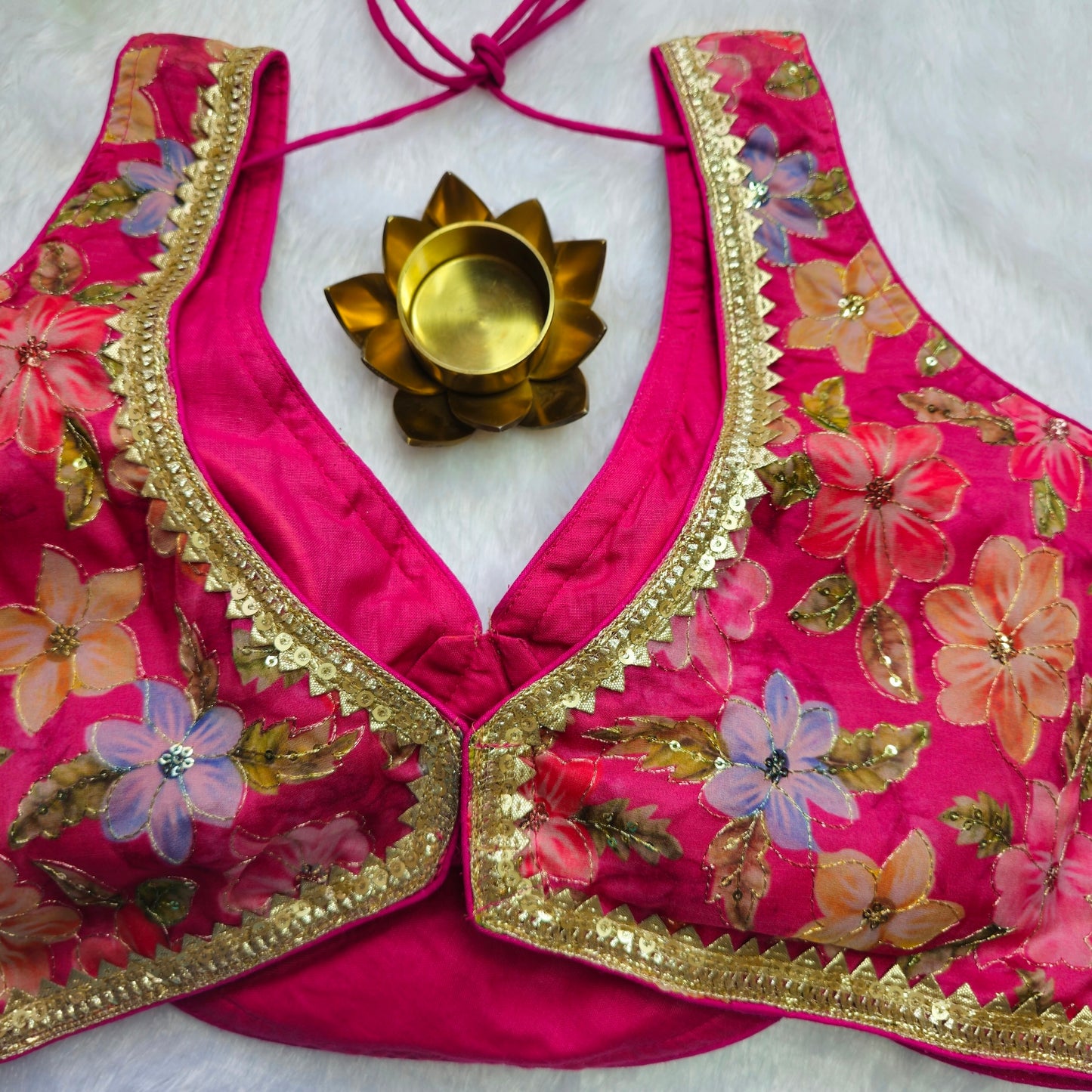 Pink Floral Organza Sabyasachi Blouse(Attachable Sleeves)