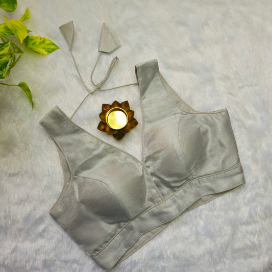 Silver Artificial Silk Sleeveless Blouse(Attachable Sleeves)