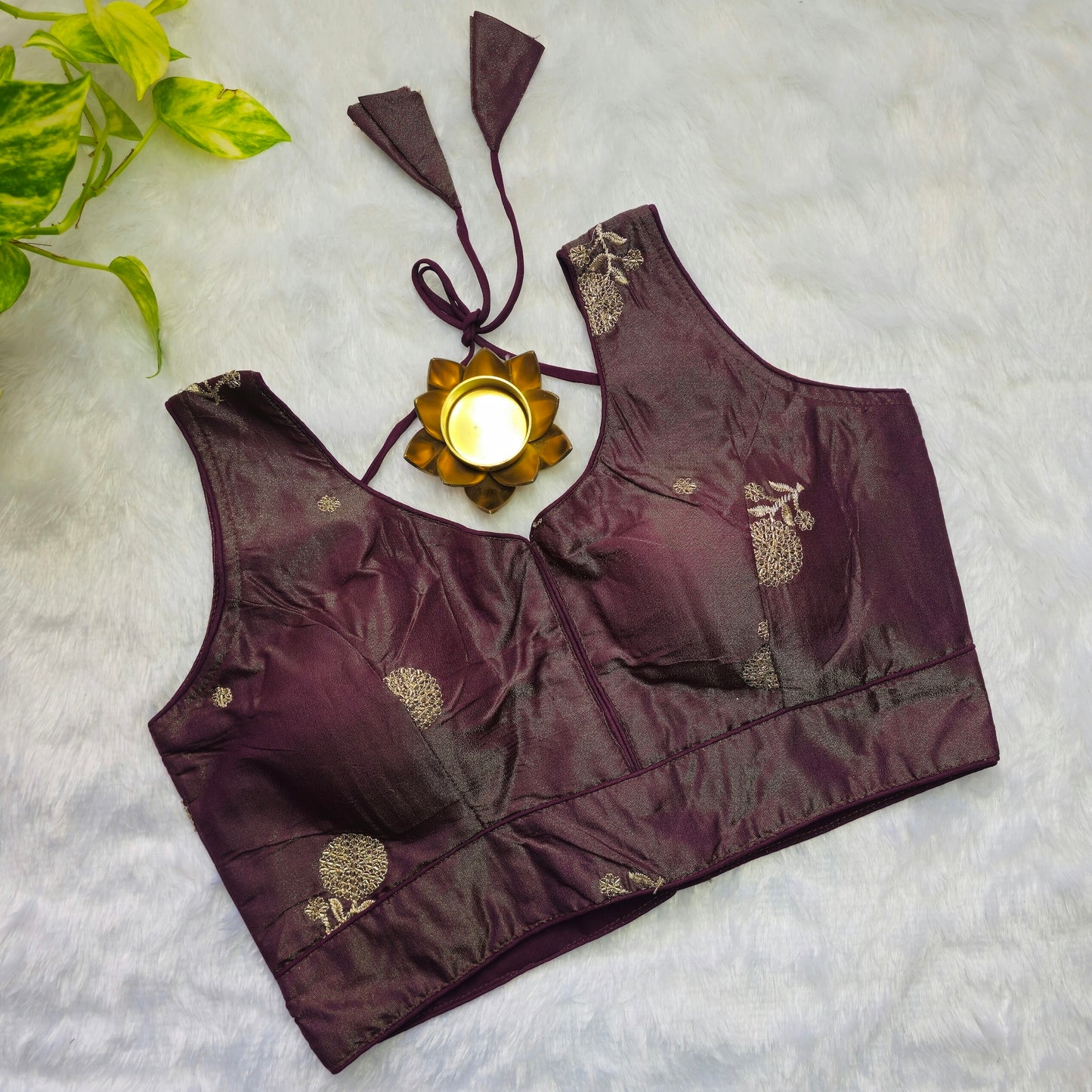 Wine with Gold embroidery Blouse(Attachable Sleeves)