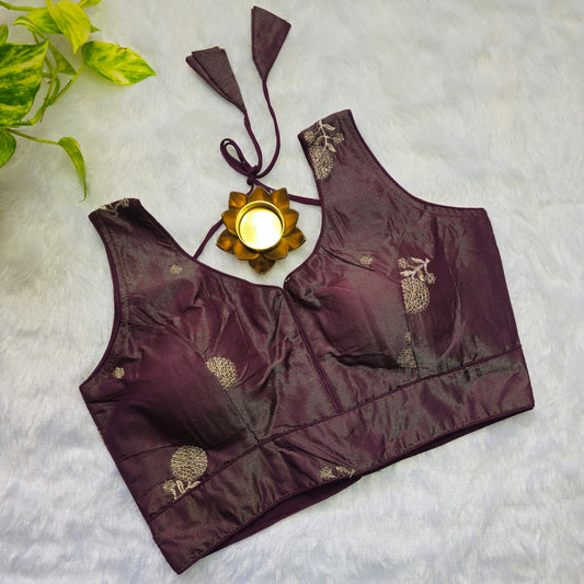 Wine with Gold embroidery Blouse(Attachable Sleeves)