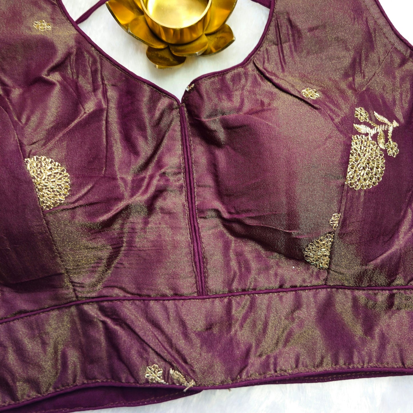 Wine with Gold embroidery Blouse(Attachable Sleeves)