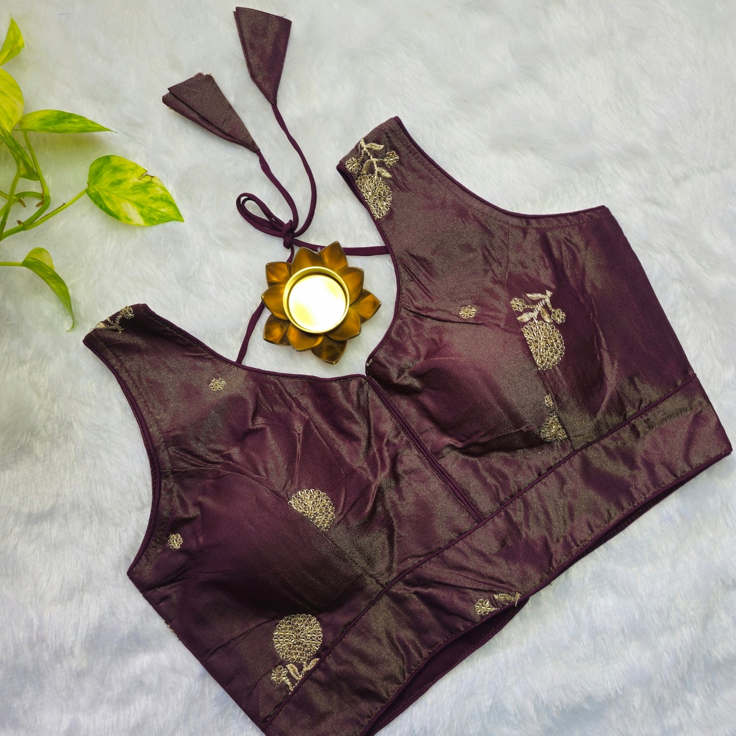 Wine with Gold embroidery Blouse(Attachable Sleeves)
