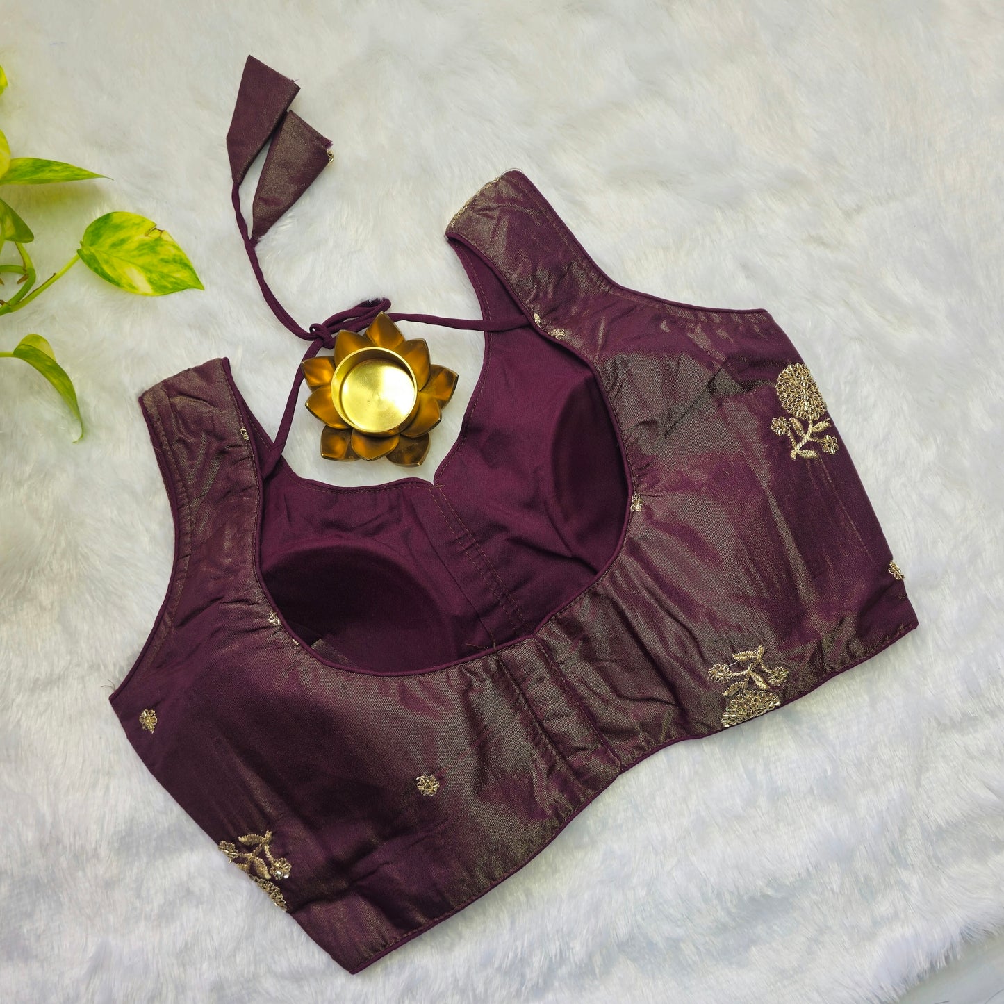 Wine with Gold embroidery Blouse(Attachable Sleeves)