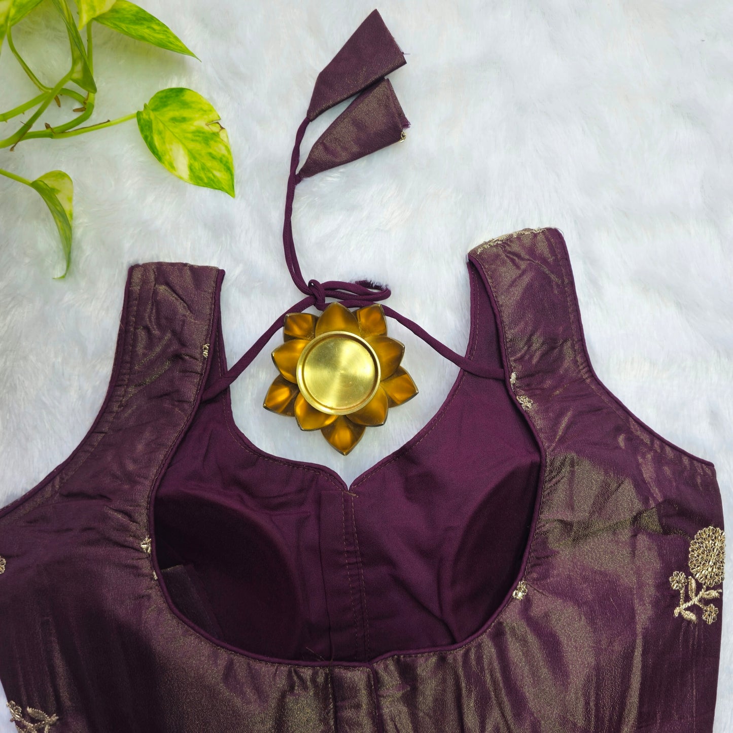 Wine with Gold embroidery Blouse(Attachable Sleeves)