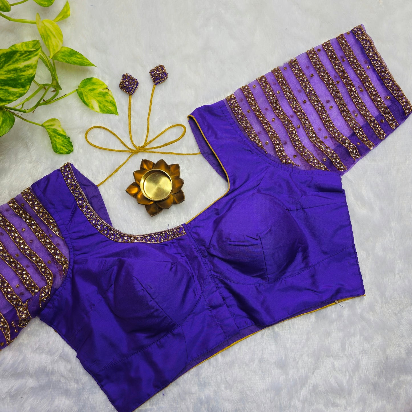 Purple Netted Sleeves Handwork Blouse