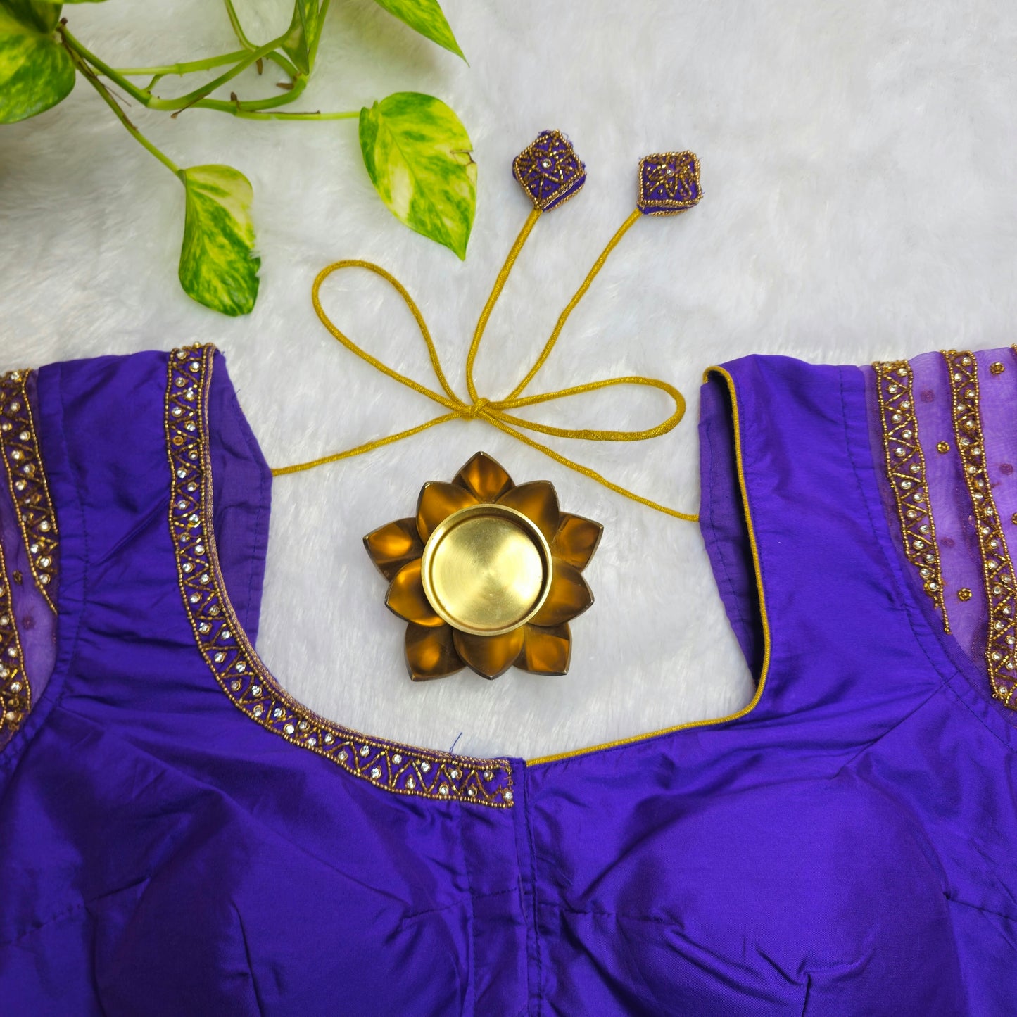 Purple Netted Sleeves Handwork Blouse