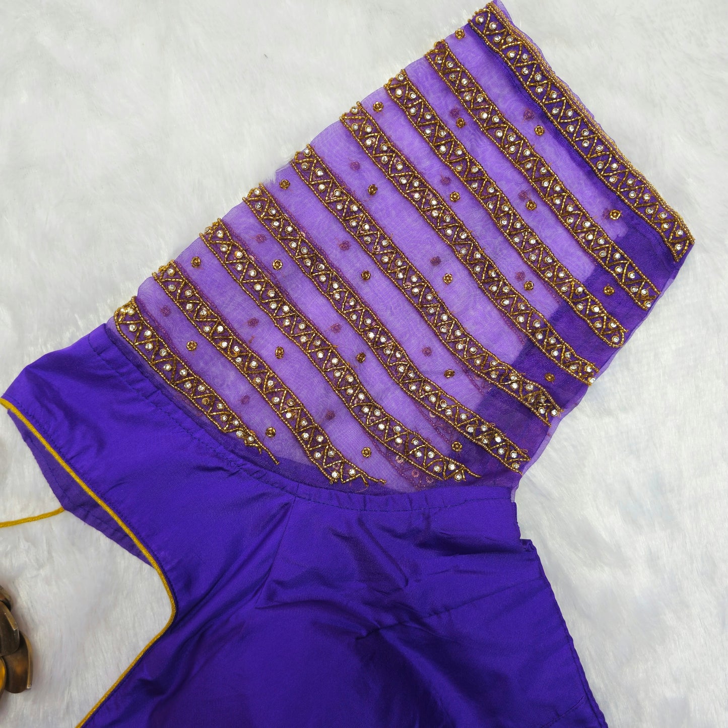 Purple Netted Sleeves Handwork Blouse