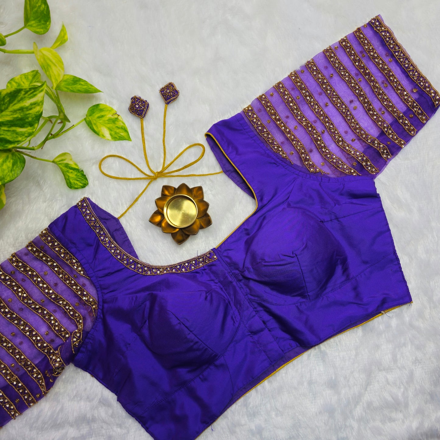 Purple Netted Sleeves Handwork Blouse