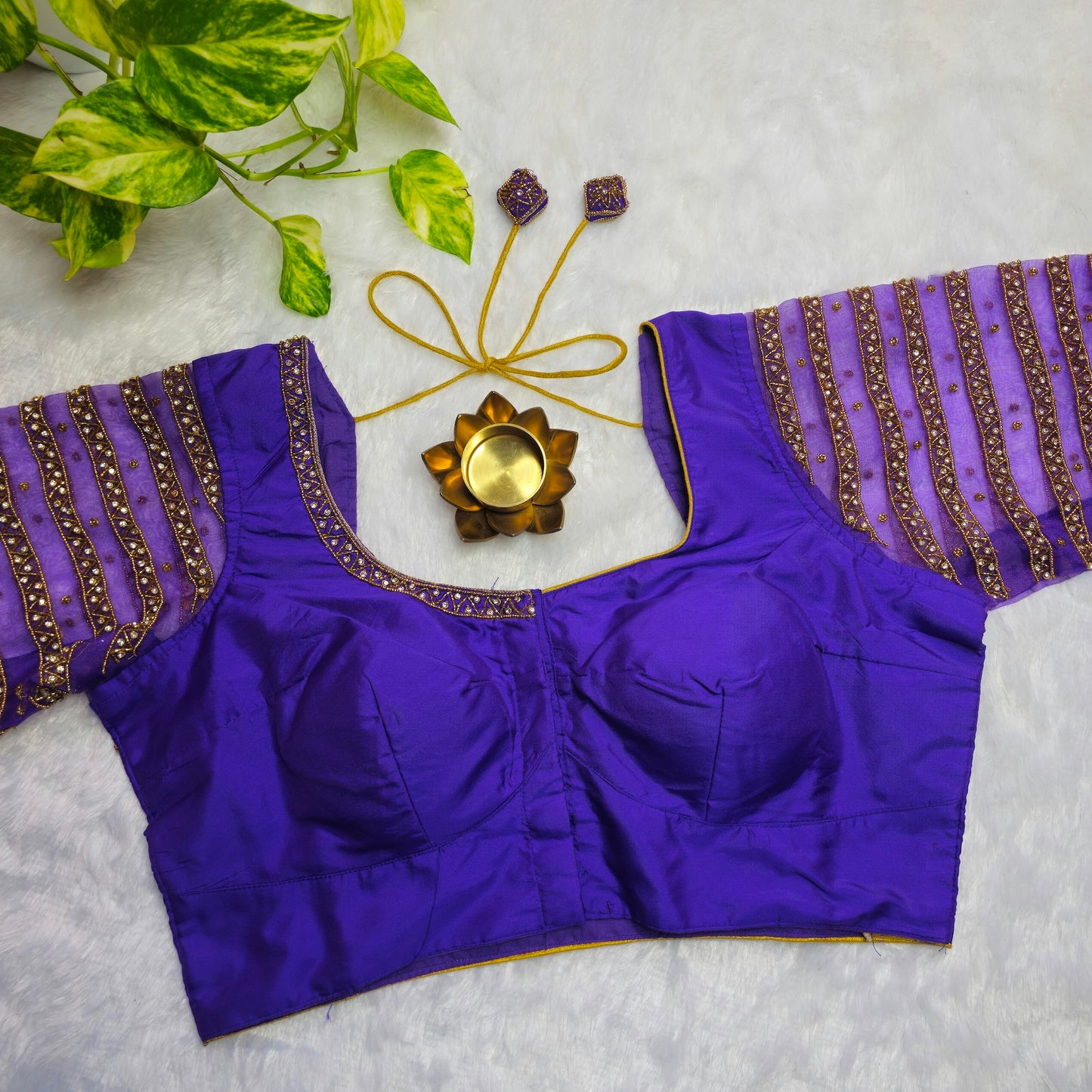 Purple Netted Sleeves Handwork Blouse