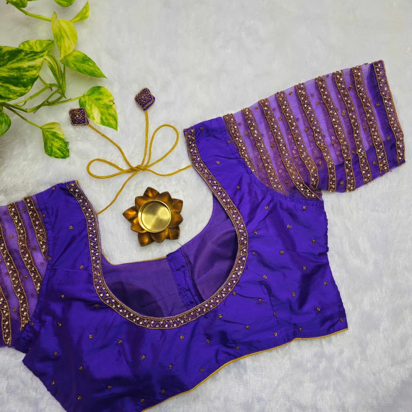 Purple Netted Sleeves Handwork Blouse