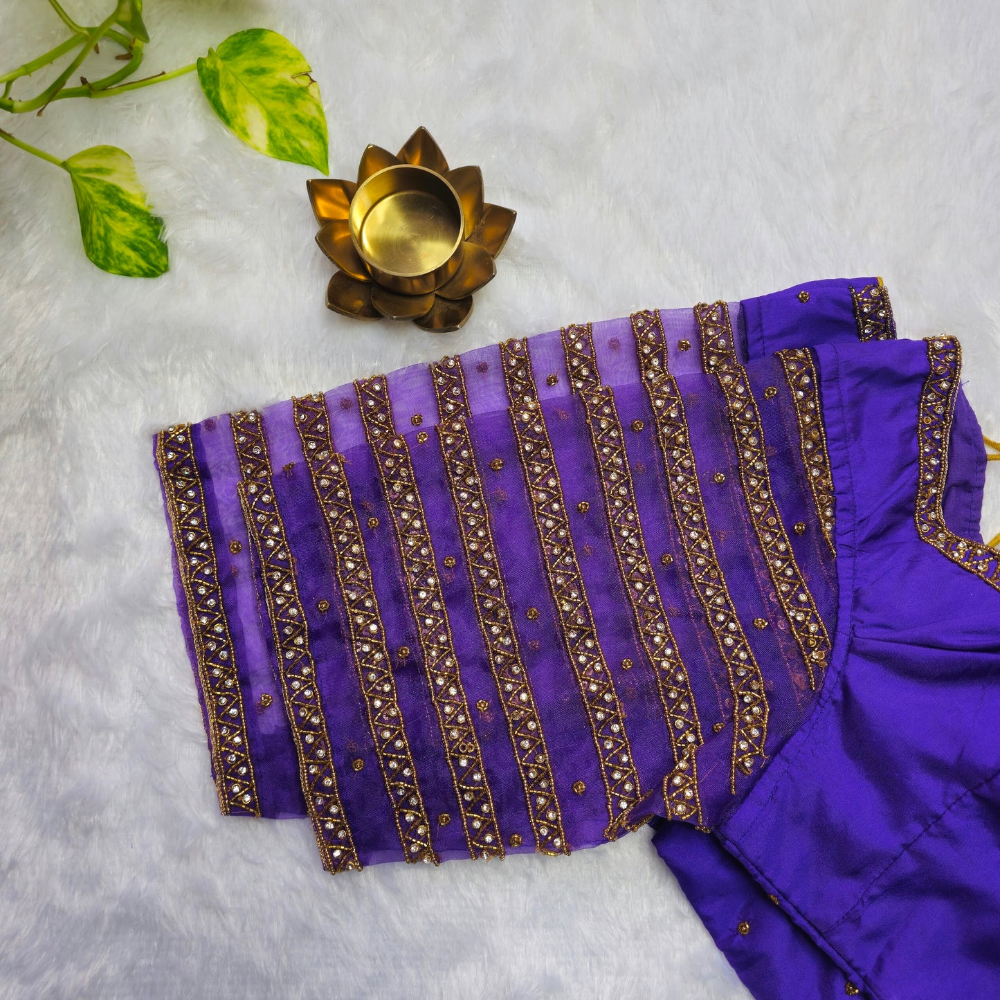 Purple Netted Sleeves Handwork Blouse