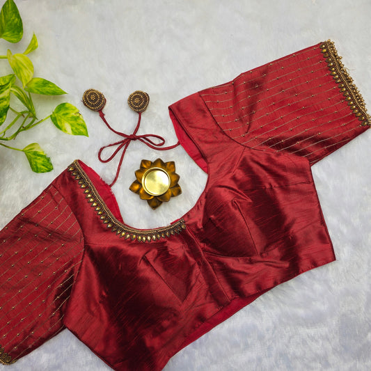Maroon Raw Silk Aari Handwork Blouse