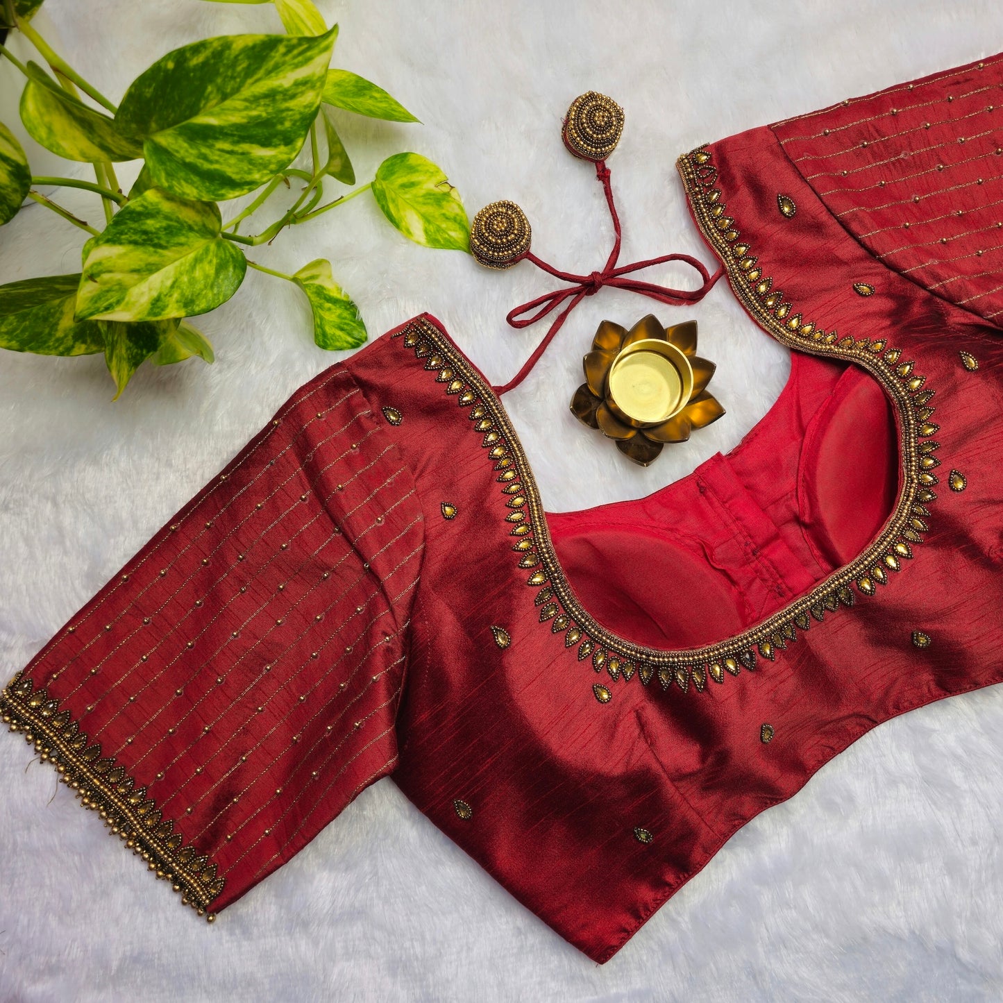 Maroon Raw Silk Aari Handwork Blouse