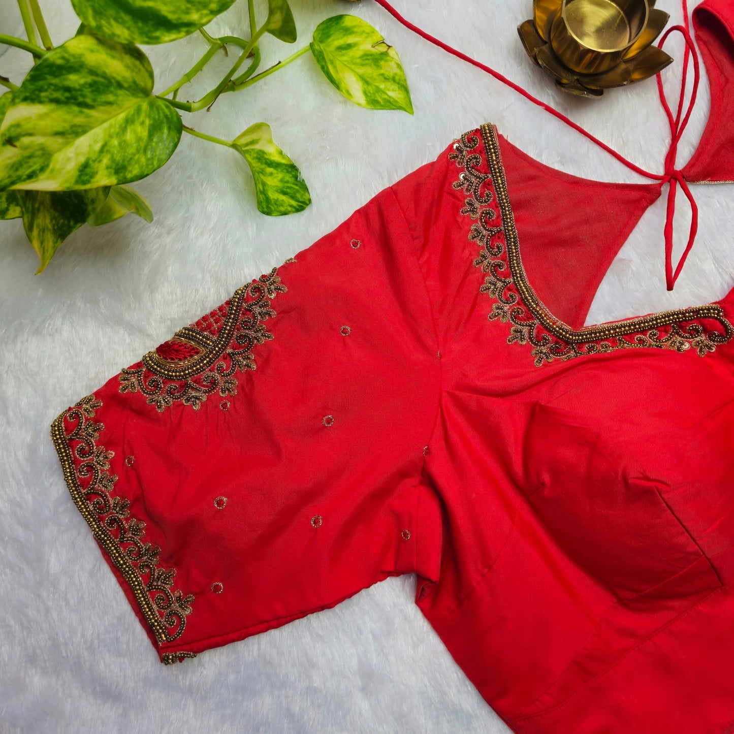 Reddish Orange Aari Handwork Blouse