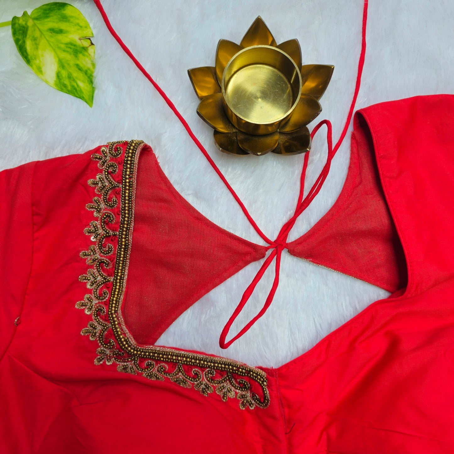 Reddish Orange Aari Handwork Blouse