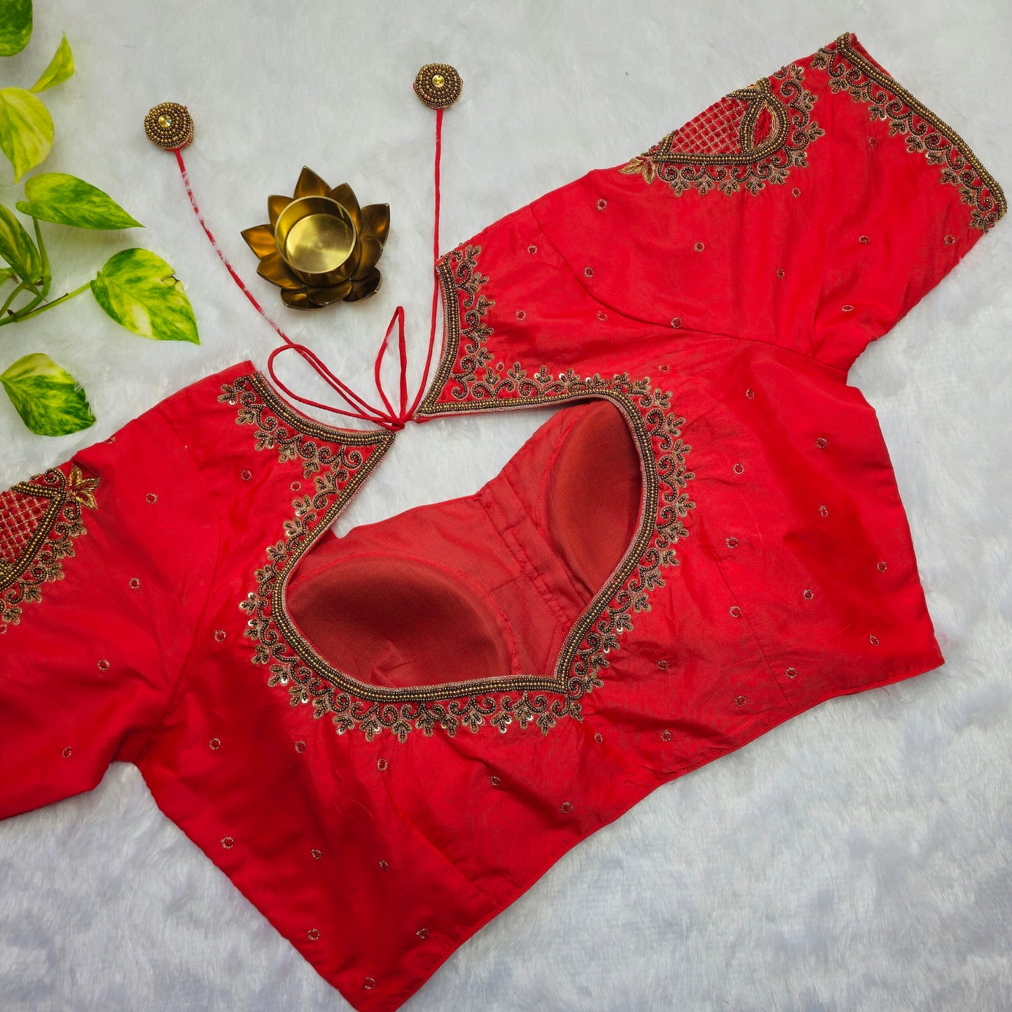 Reddish Orange Aari Handwork Blouse