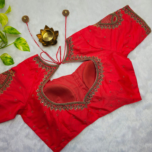 Reddish Orange Aari Handwork Blouse