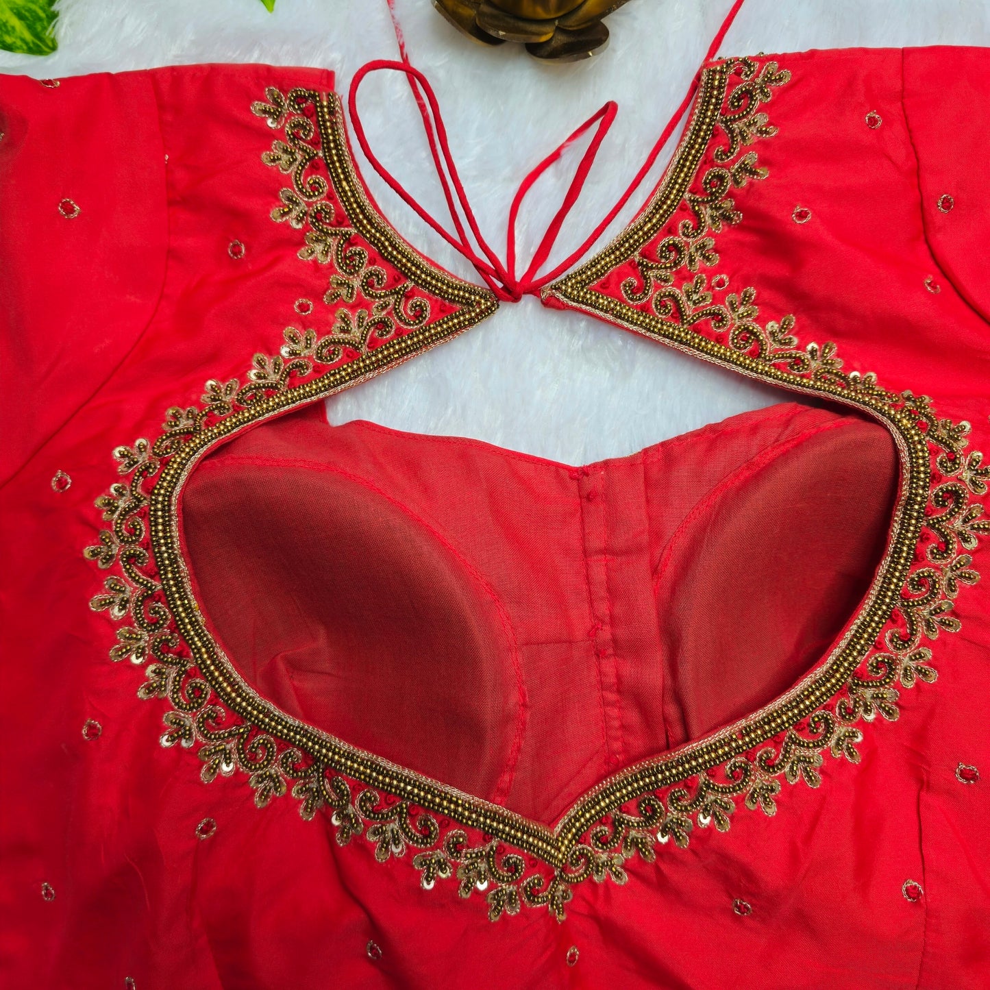 Reddish Orange Aari Handwork Blouse
