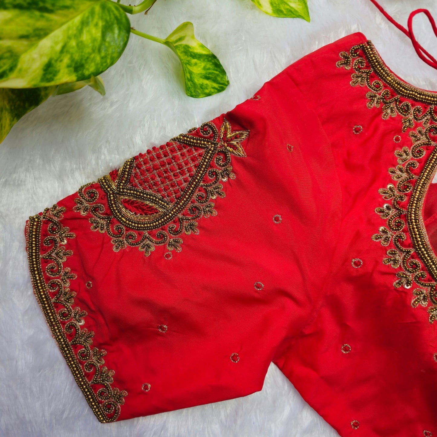 Reddish Orange Aari Handwork Blouse