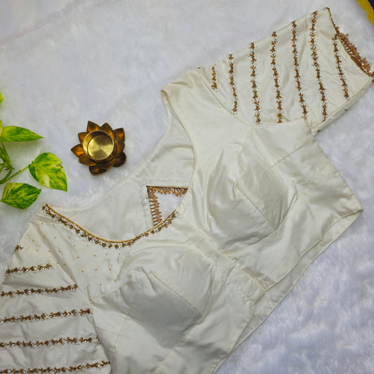 Off White Crystal Beads Handwork Blouse