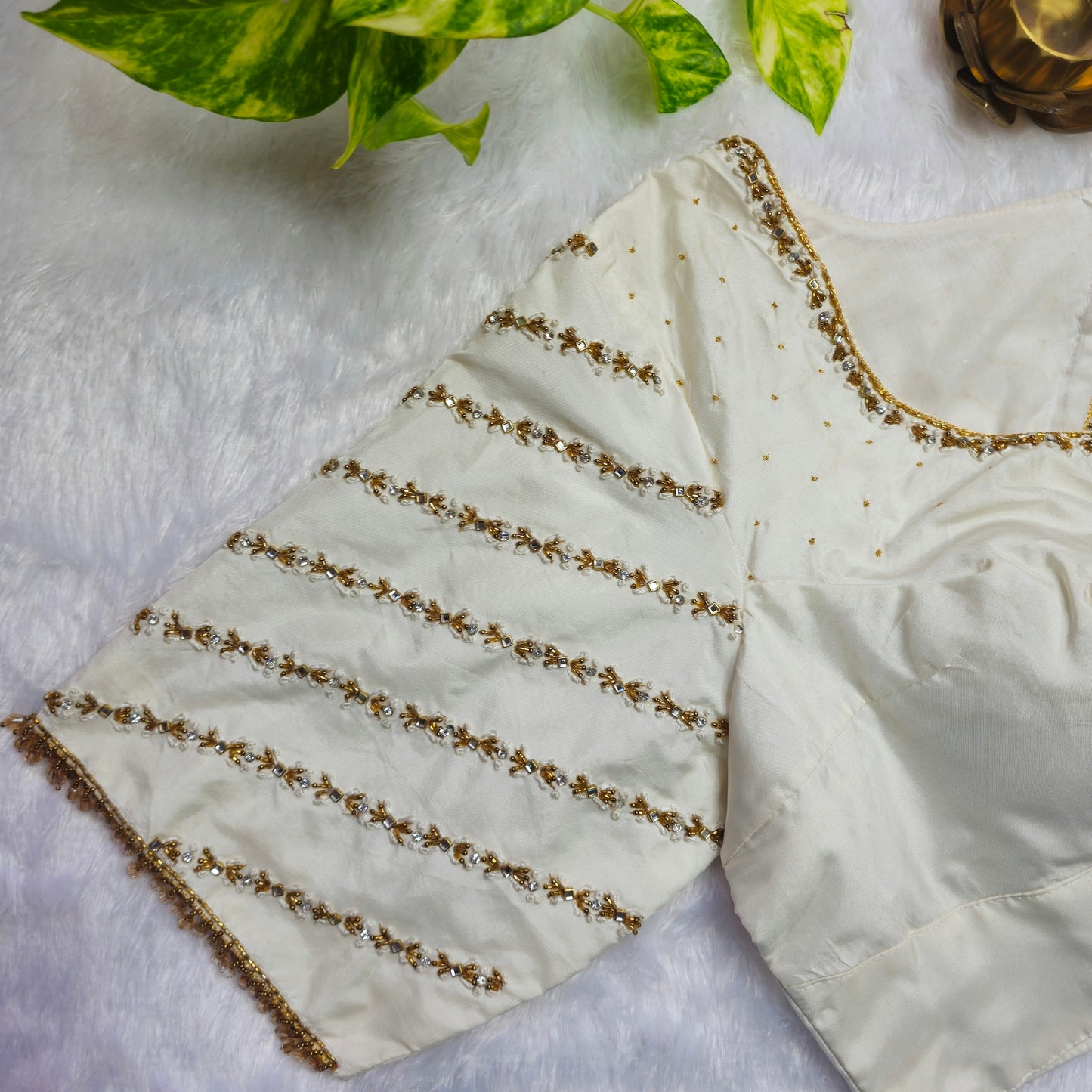 Off White Crystal Beads Handwork Blouse